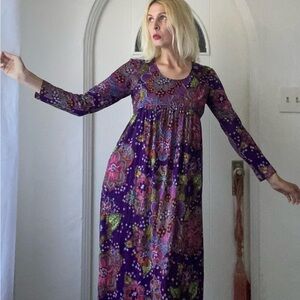 SOLD Vintage 70s Handmade Purple Floral Poly 20” Side Slits Maxi Dress S